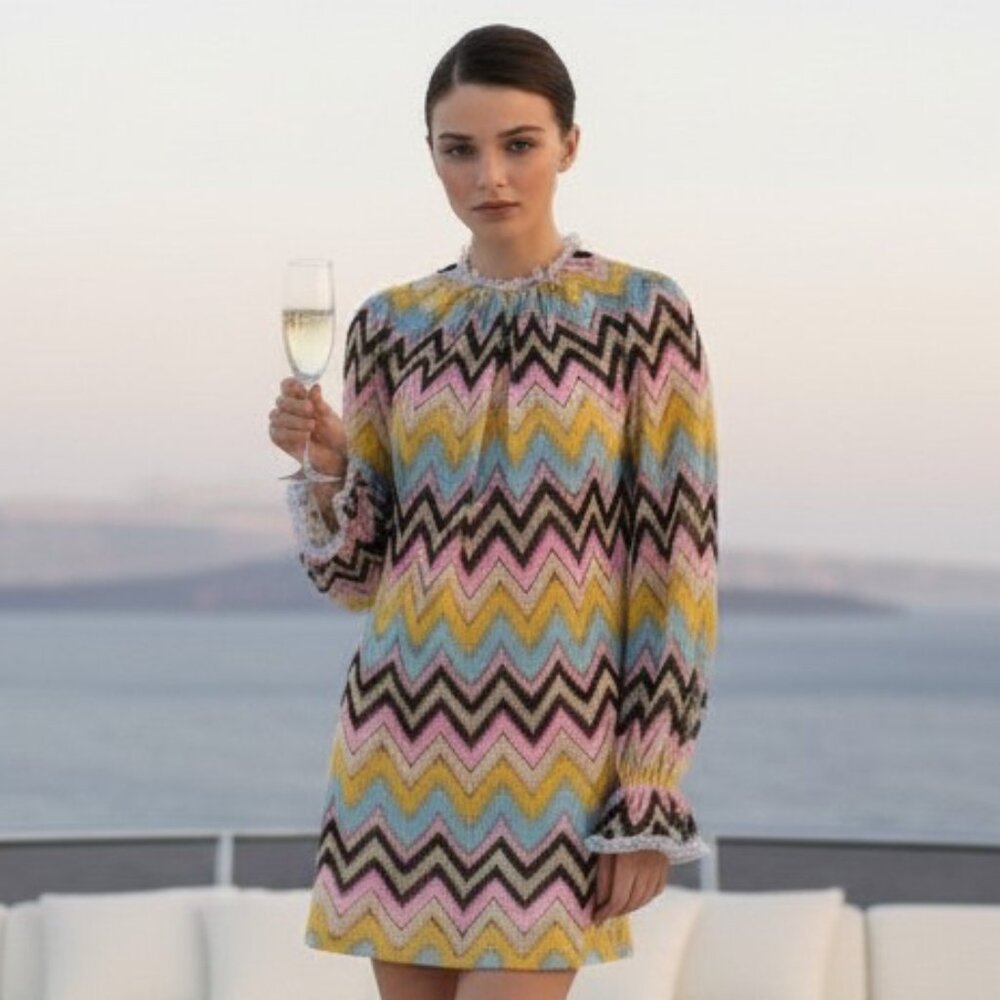 Cynthia Rowley Zigzag Knit Mini Shift Resort Dress Ruffle Sleeve Stripe XS NWT